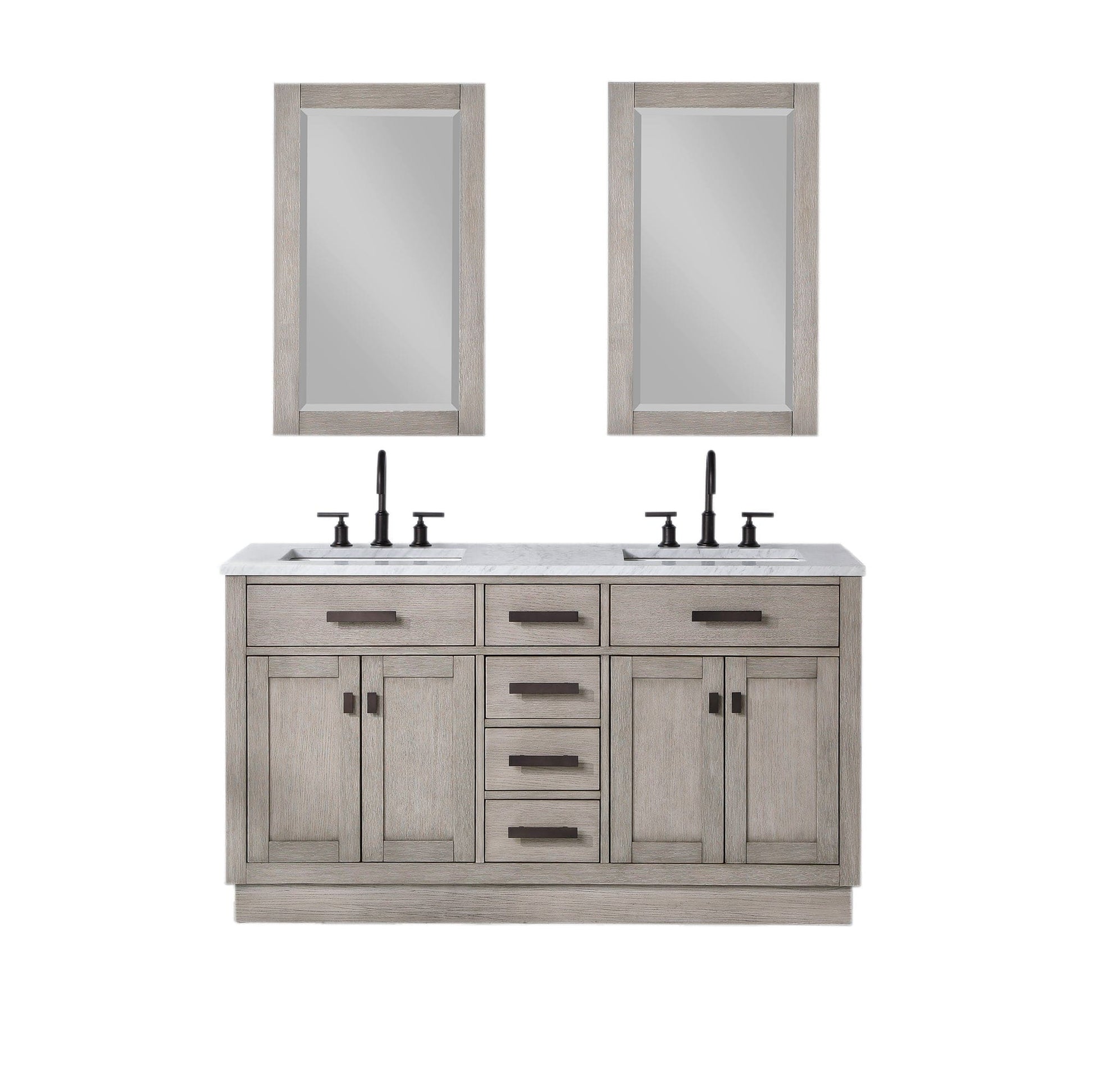 Water Creation CH60CW03GK-R21BL1403 CHESTNUT 60"W x 34.2"H Gray Oak Double-Sink Vanity with Carrara White Marble Countertop + Faucets & Mirrors