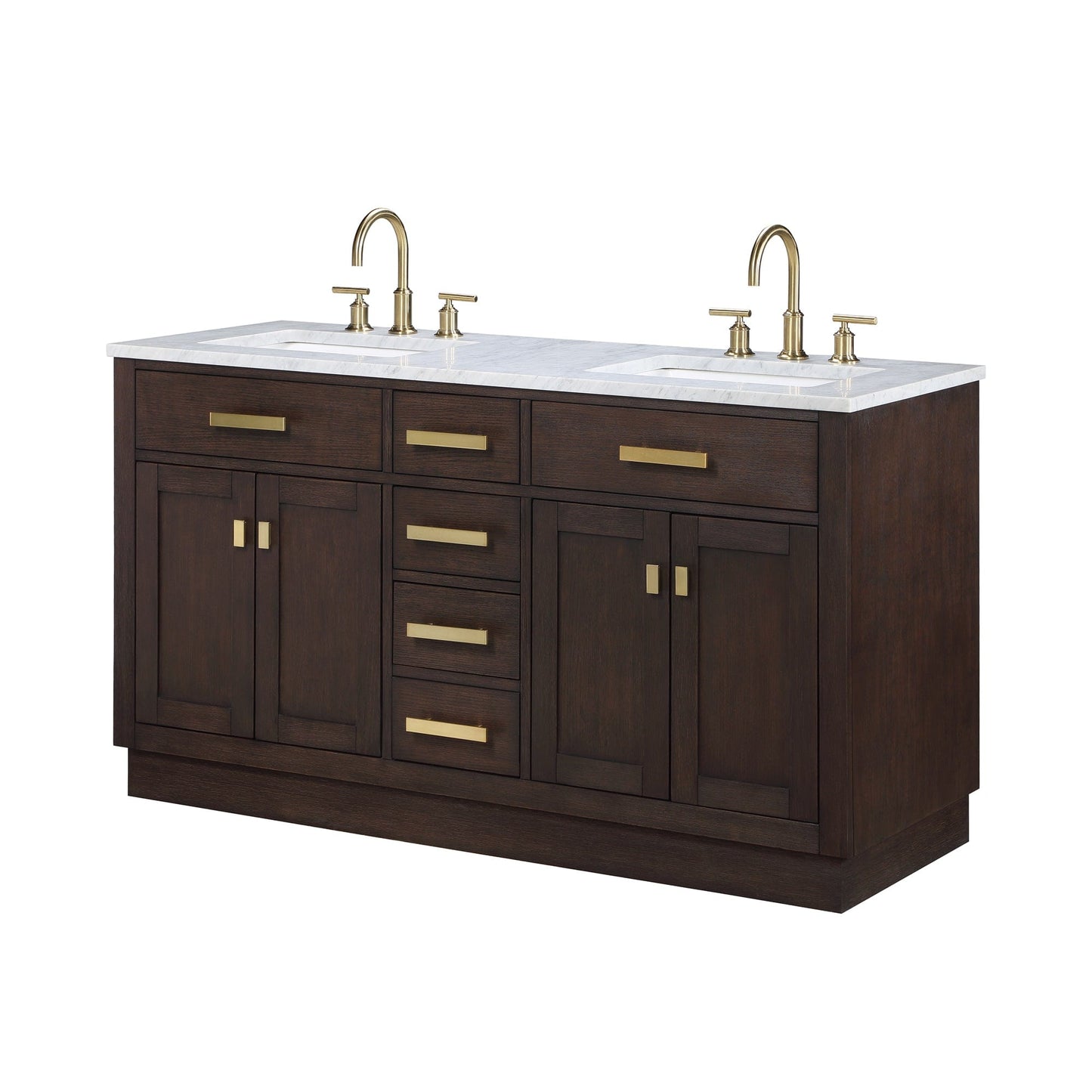 Water Creation CH60CW06BK-000BL1406 CHESTNUT 60"W x 34.2"H Brown Oak Double-Sink Vanity with Carrara White Marble Countertop + Faucets