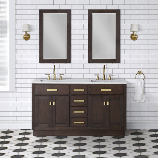 Water Creation CH60CW06BK-R21000000 CHESTNUT 60"W x 34.2"H Brown Oak Double-Sink Vanity with Carrara White Marble Countertop + Mirrors