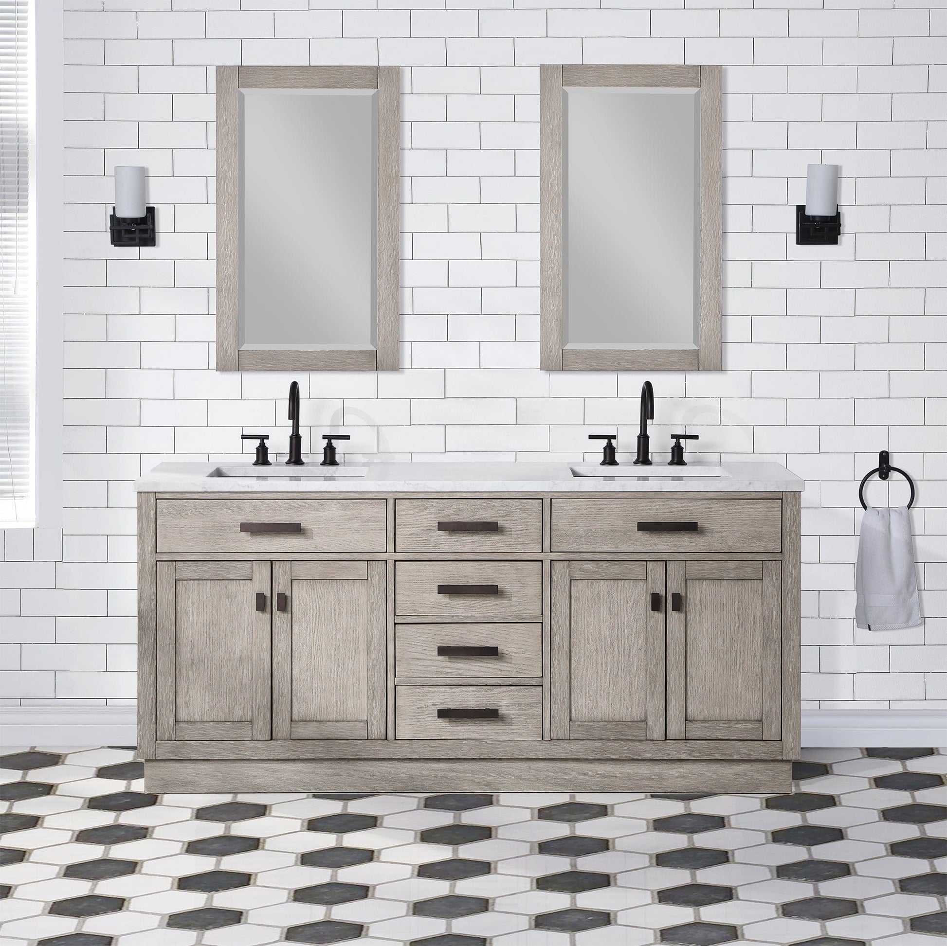 Water Creation CH72CW03GK-000BL1403 CHESTNUT 72"W x 34.2"H Gray Oak Double-Sink Vanity with Carrara White Marble Countertop + Faucets