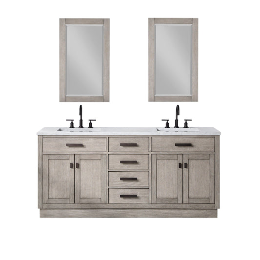 Water Creation CH72CW03GK-R21BL1403 CHESTNUT 72"W x 34.2"H Gray Oak Double-Sink Vanity with Carrara White Marble Countertop + Faucets & Mirrors