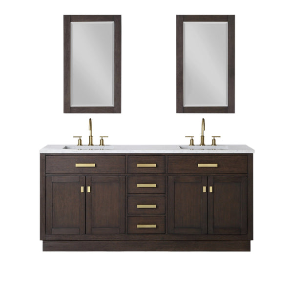 Water Creation CH72CW06BK-R21000000 CHESTNUT 72W x 34.2H Brown Oak Double-Sink Vanity with Carrara White Marble Countertop + Mirrors