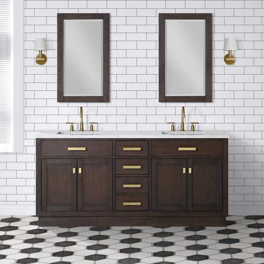 Water Creation CH72CW06BK-R21000000 CHESTNUT 72"W x 34.2"H Brown Oak Double-Sink Vanity with Carrara White Marble Countertop + Mirrors