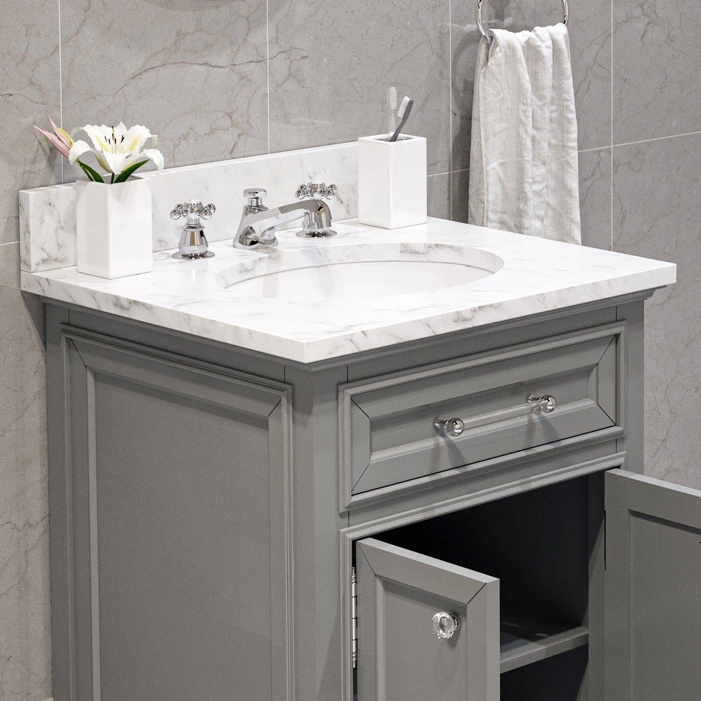 Water Creation DE24CW01CG-000BX0901 DERBY 24"W x 34"H Cashmere Gray Single-Sink Vanity with Carrara White Marble Countertop + Faucet