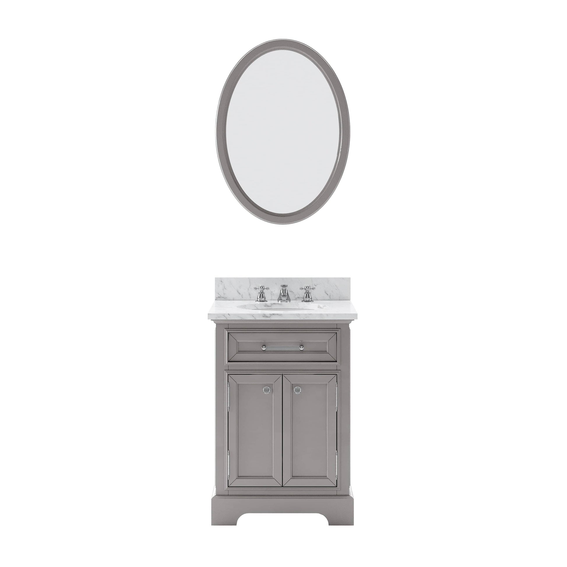 Water Creation DE24CW01CG-O21BX0901 DERBY 24"W x 34"H Cashmere Gray Single-Sink Vanity with Carrara White Marble Countertop + Faucet & Mirror