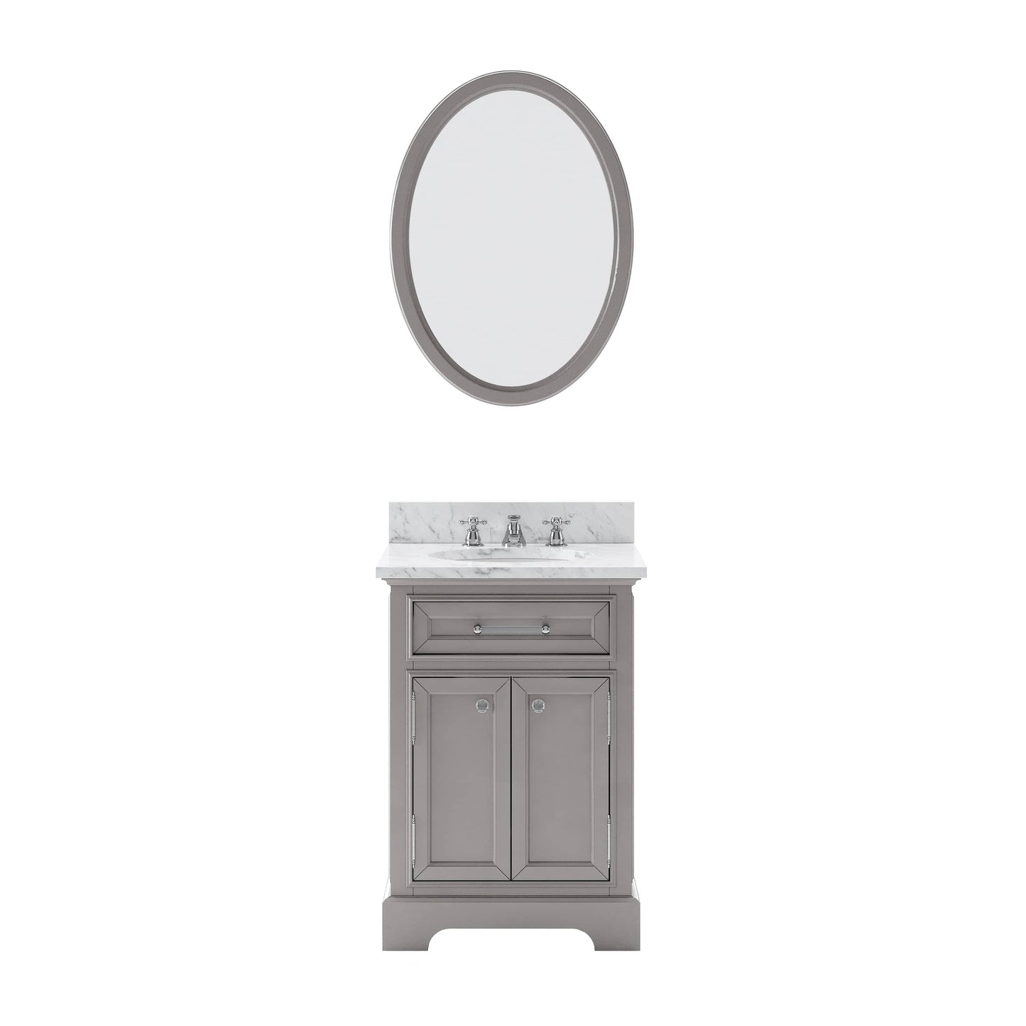 Water Creation DE24CW01CG-O21BX0901 DERBY 24"W x 34"H Cashmere Gray Single-Sink Vanity with Carrara White Marble Countertop + Faucet & Mirror