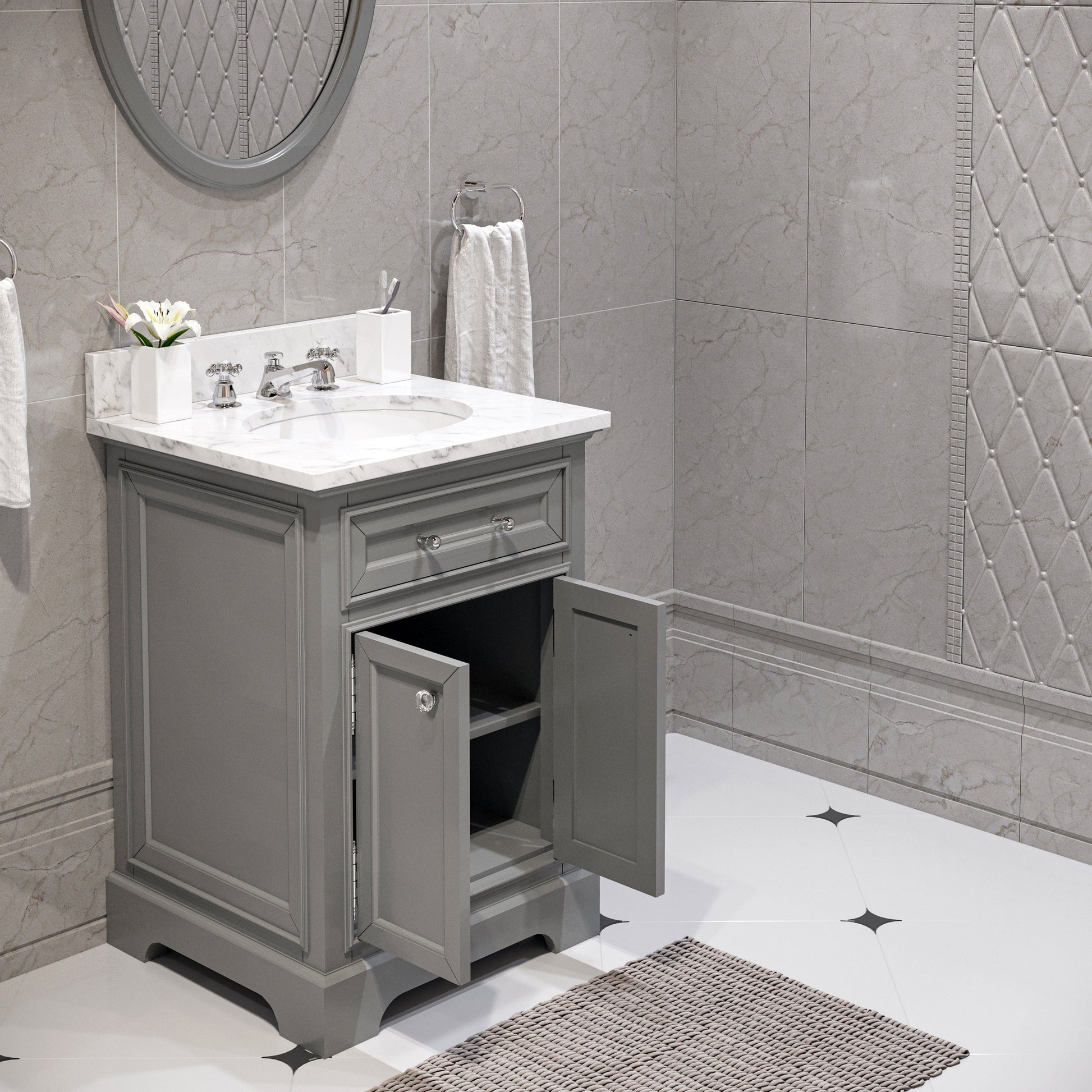 Water Creation DE24CW01CG-O21BX0901 DERBY 24"W x 34"H Cashmere Gray Single-Sink Vanity with Carrara White Marble Countertop + Faucet & Mirror