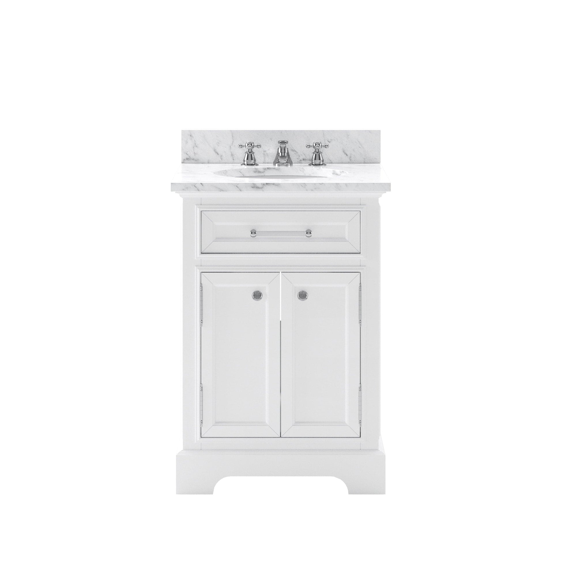 Water Creation DE24CW01PW-000BX0901 DERBY 24"W x 34"H Pure White Single-Sink Vanity with Carrara White Marble Countertop + Faucet