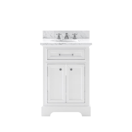 Water Creation DE24CW01PW-000BX0901 DERBY 24"W x 34"H Pure White Single-Sink Vanity with Carrara White Marble Countertop + Faucet