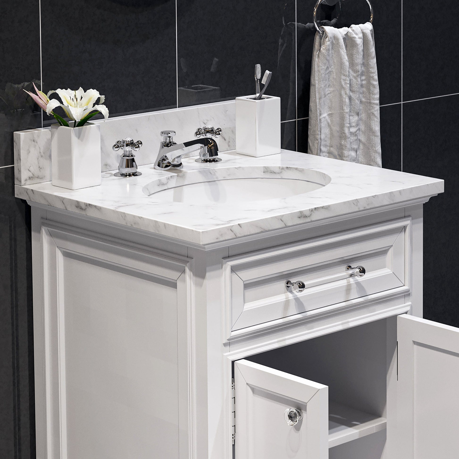 Water Creation DE24CW01PW-000BX0901 DERBY 24"W x 34"H Pure White Single-Sink Vanity with Carrara White Marble Countertop + Faucet