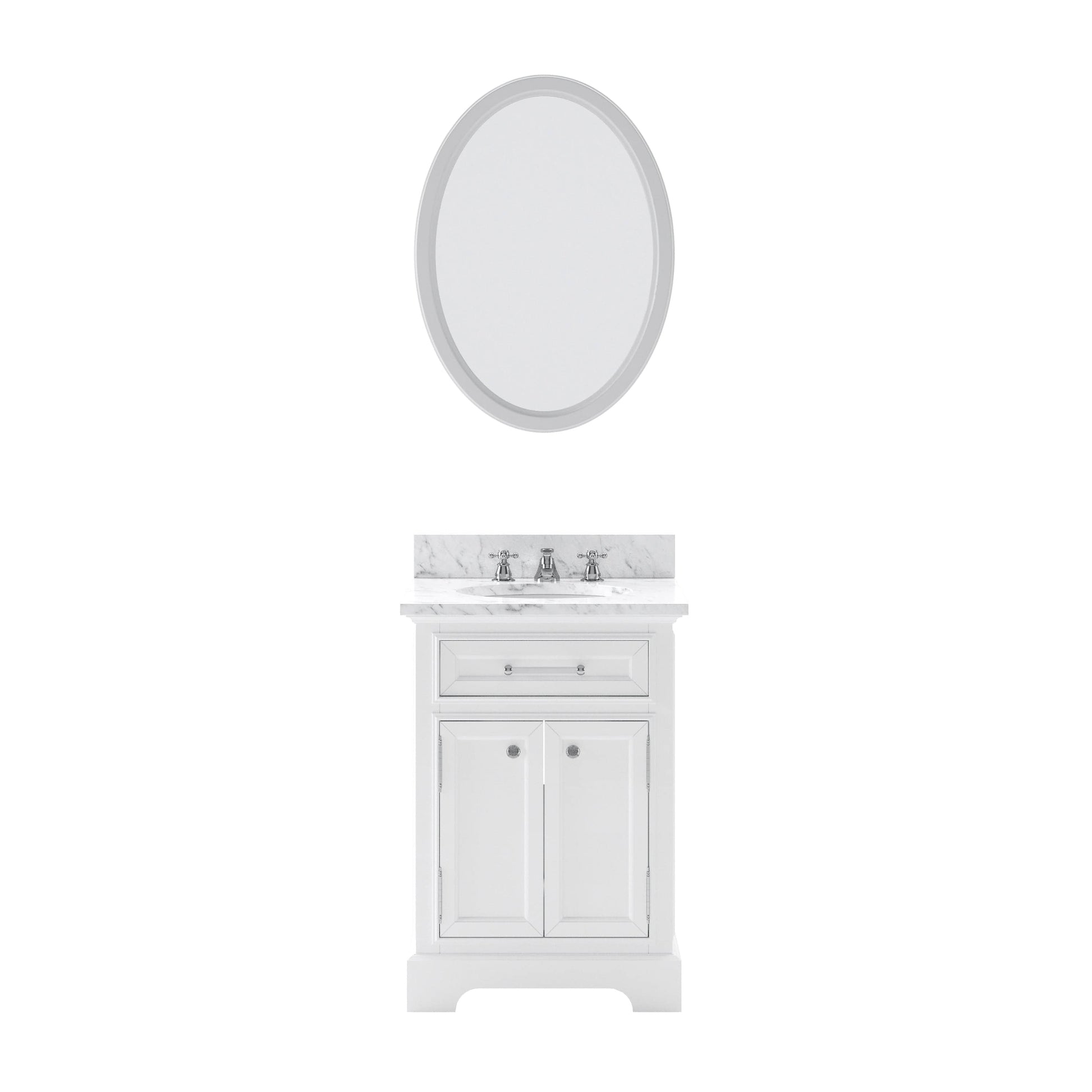 Water Creation DE24CW01PW-O21BX0901 DERBY 24"W x 34"H Pure White Single-Sink Vanity with Carrara White Marble Countertop + Faucet & Mirror