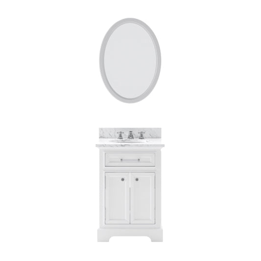 Water Creation DE24CW01PW-O21BX0901 DERBY 24"W x 34"H Pure White Single-Sink Vanity with Carrara White Marble Countertop + Faucet & Mirror