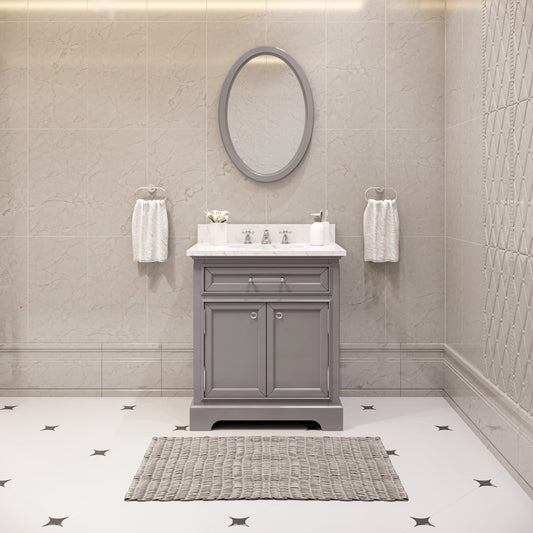 Water Creation DE30CW01CG-O24000000 DERBY 30"W x 34"H Cashmere Gray Single-Sink Vanity with Carrara White Marble Countertop + Mirror