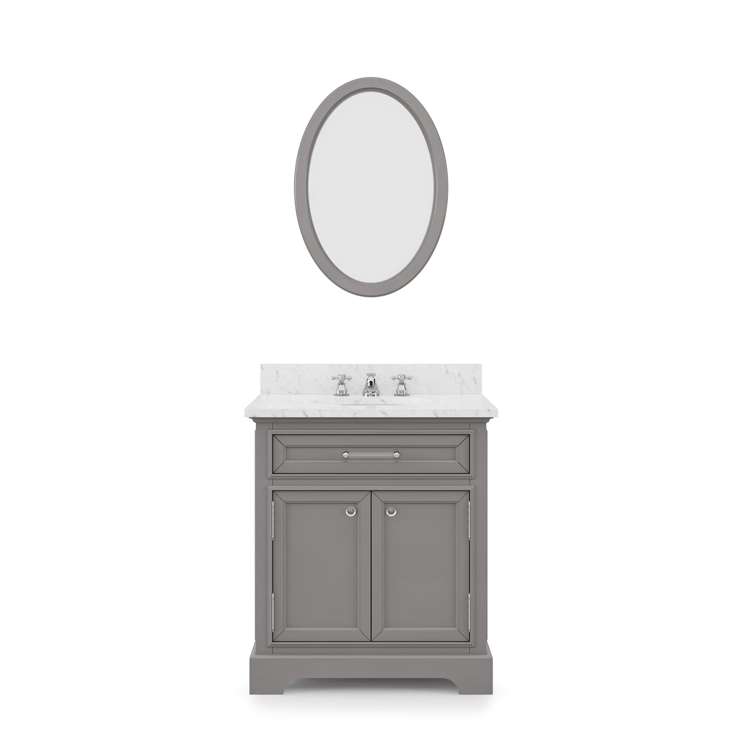 Water Creation DE30CW01CG-O24BX0901 DERBY 30"W x 34"H Cashmere Gray Single-Sink Vanity with Carrara White Marble Countertop + Faucet & Mirror