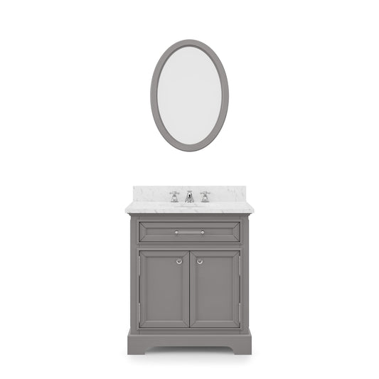 Water Creation DE30CW01CG-O24BX0901 DERBY 30"W x 34"H Cashmere Gray Single-Sink Vanity with Carrara White Marble Countertop + Faucet & Mirror