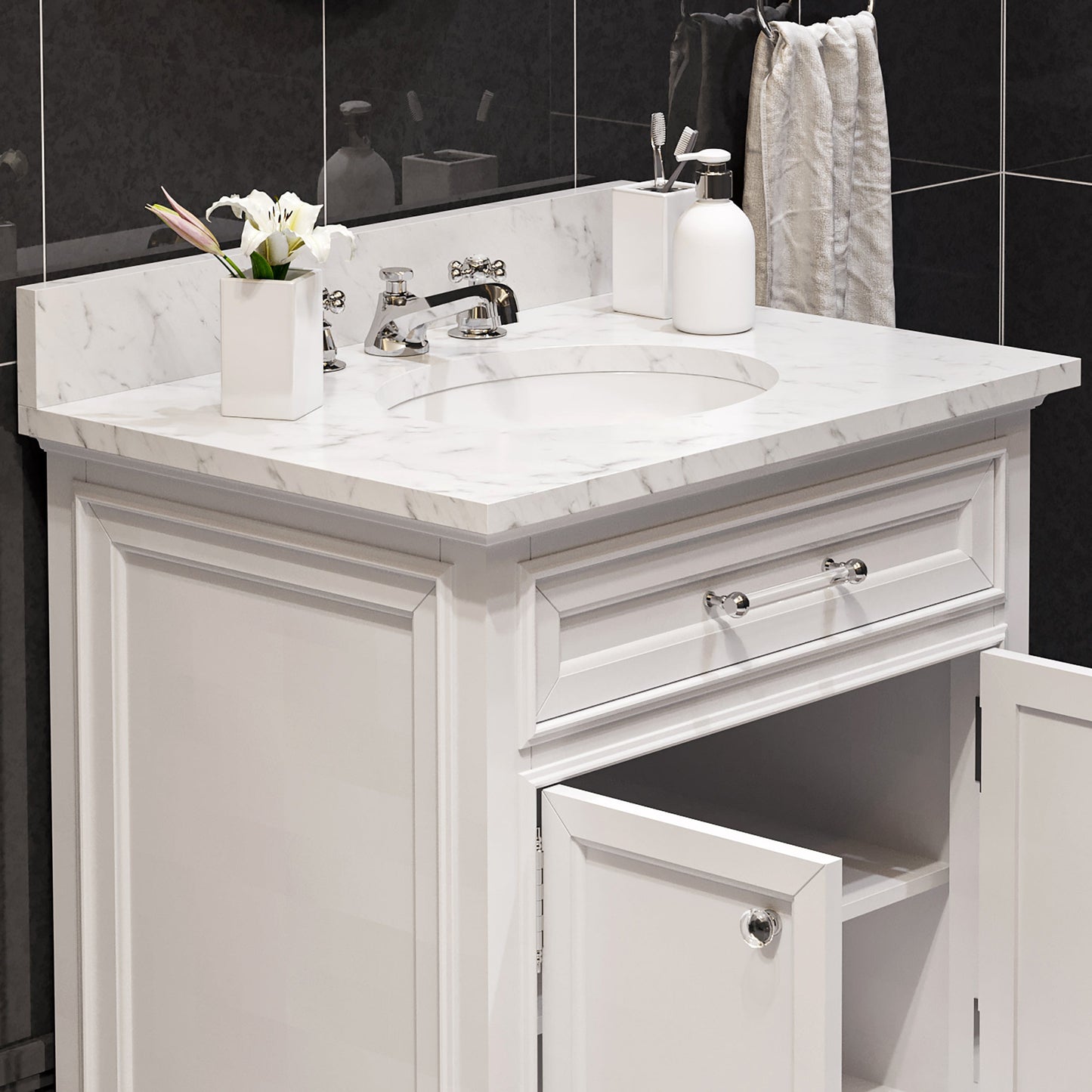 Water Creation DE30CW01PW-000BX0901 DERBY 30"W x 34"H Pure White Single-Sink Vanity with Carrara White Marble Countertop + Faucet