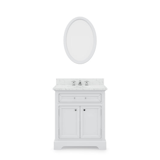 Water Creation DE30CW01PW-O24000000 DERBY 30"W x 34"H Pure White Single-Sink Vanity with Carrara White Marble Countertop + Mirror