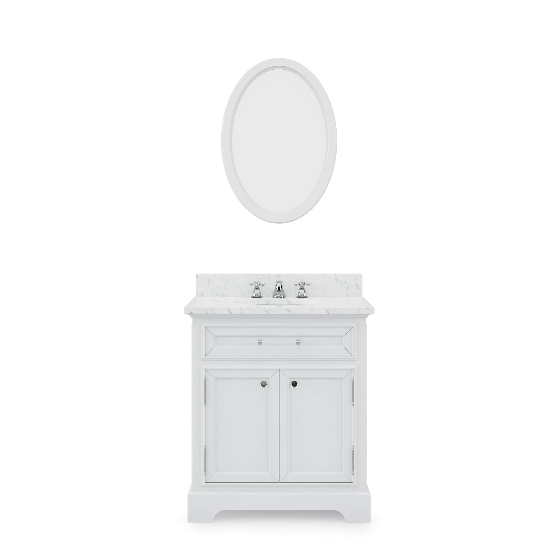 Water Creation DE30CW01PW-O24BX0901 DERBY 30"W x 34"H Pure White Single-Sink Vanity with Carrara White Marble Countertop + Faucet & Mirror