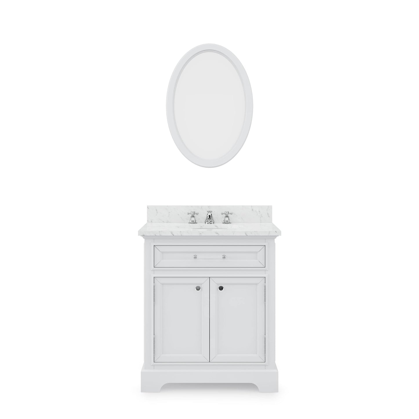 Water Creation DE30CW01PW-O24BX0901 DERBY 30"W x 34"H Pure White Single-Sink Vanity with Carrara White Marble Countertop + Faucet & Mirror