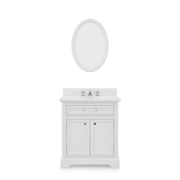 Water Creation DE30CW01PW-O24BX0901 DERBY 30W x 34H Pure White Single-Sink Vanity with Carrara White Marble Countertop + Faucet & Mirror