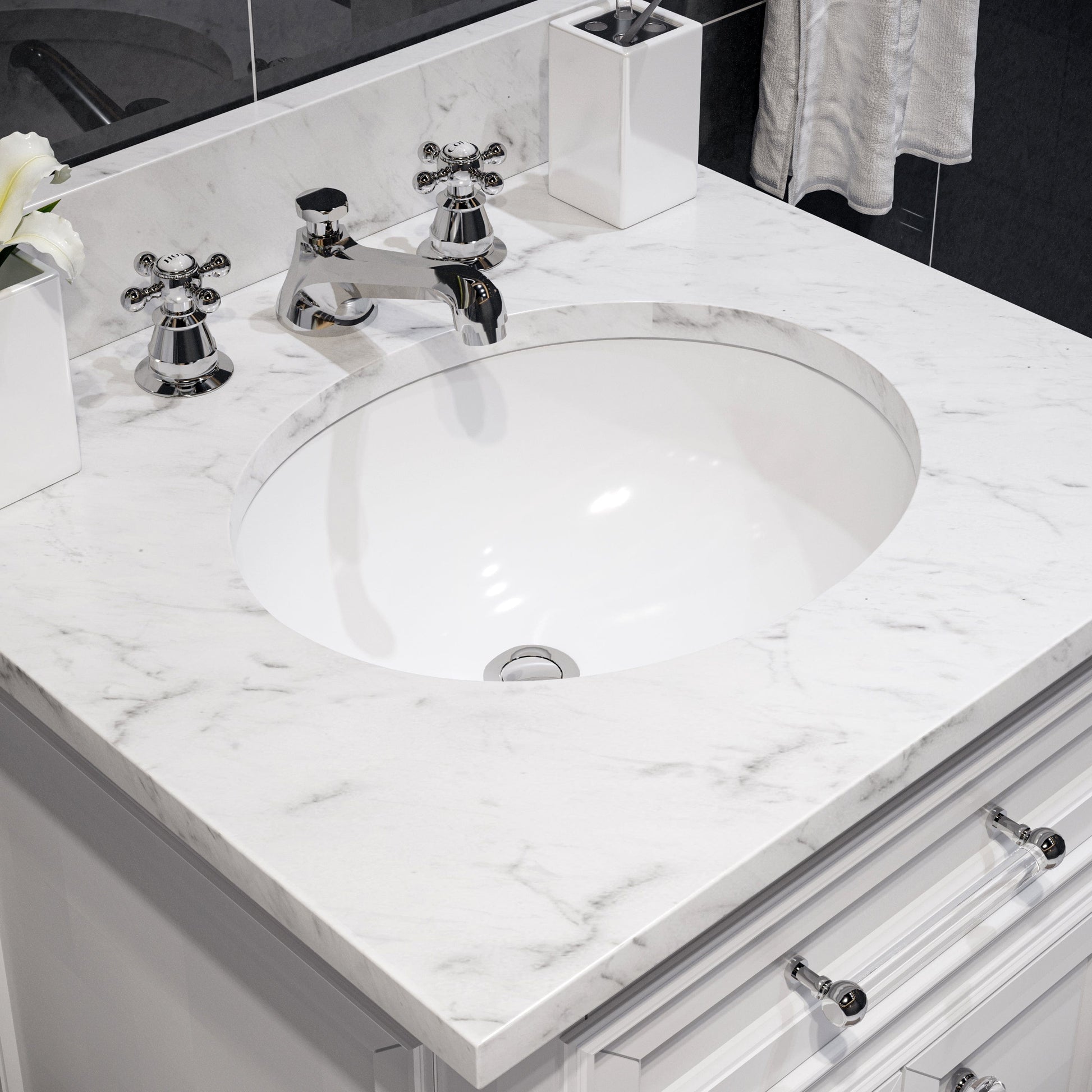 Water Creation DE30CW01PW-O24BX0901 DERBY 30"W x 34"H Pure White Single-Sink Vanity with Carrara White Marble Countertop + Faucet & Mirror