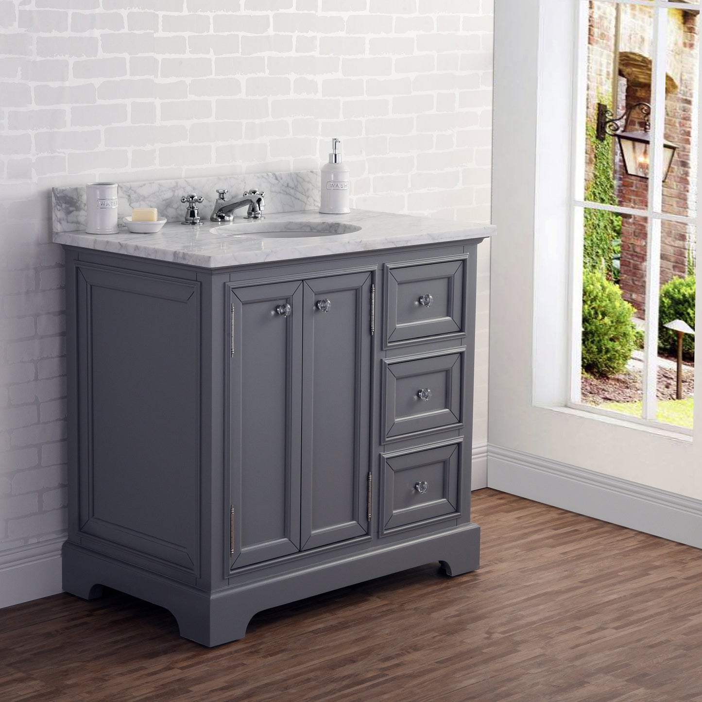 Water Creation DE36CW01CG-000BX0901 DERBY 36"W x 34"H Cashmere Gray Single-Sink Vanity with Carrara White Marble Countertop + Faucets