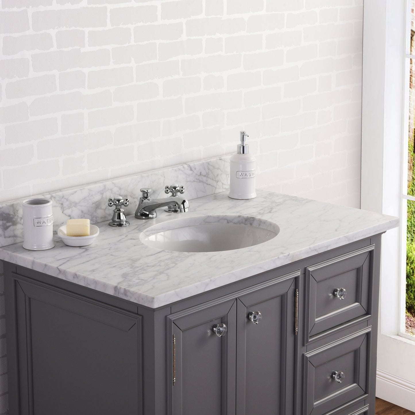 Water Creation DE36CW01CG-000BX0901 DERBY 36"W x 34"H Cashmere Gray Single-Sink Vanity with Carrara White Marble Countertop + Faucets