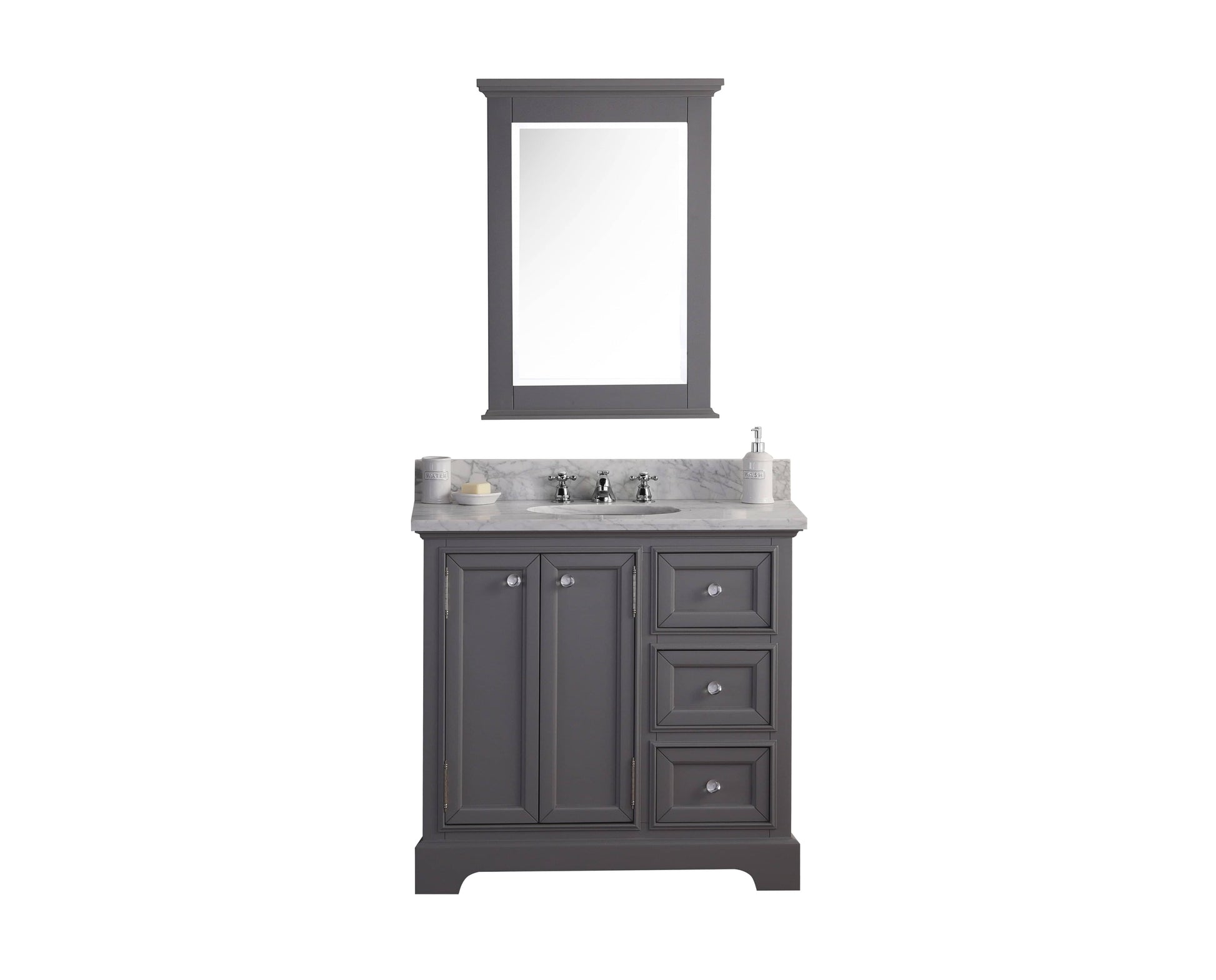 Water Creation DE36CW01CG-B24000000 DERBY 36"W x 34"H Cashmere Gray Single-Sink Vanity with Carrara White Marble Countertop + Mirror