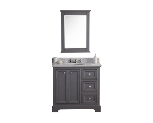 Water Creation DE36CW01CG-B24BX0901 DERBY 36"W x 34"H Cashmere Gray Single-Sink Vanity with Carrara White Marble Countertop + Faucet & Mirror