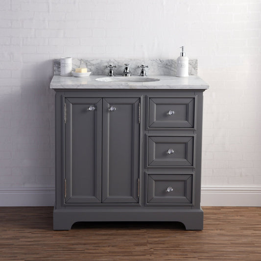 Water Creation DE36CW01CG-B24BX0901 DERBY 36"W x 34"H Cashmere Gray Single-Sink Vanity with Carrara White Marble Countertop + Faucet & Mirror