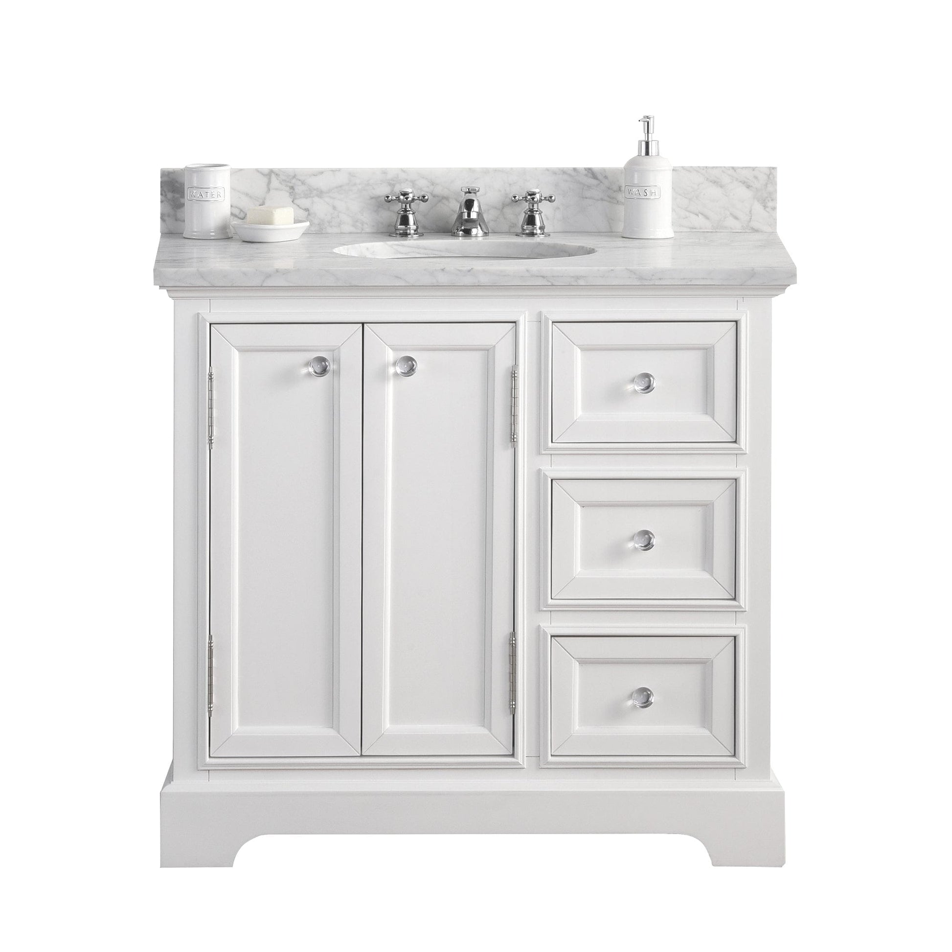 Water Creation DE36CW01PW-000000000 DERBY 36"W x 34"H Pure White Single-Sink Vanity with Carrara White Marble Countertop (Vanity Only)