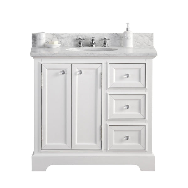 Water Creation DE36CW01PW-000000000 DERBY 36W x 34H Pure White Single-Sink Vanity with Carrara White Marble Countertop (Vanity Only)