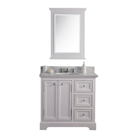 Water Creation DE36CW01PW-B24BX0901 DERBY 36"W x 34"H Pure White Single-Sink Vanity with Carrara White Marble Countertop + Faucet & Mirror