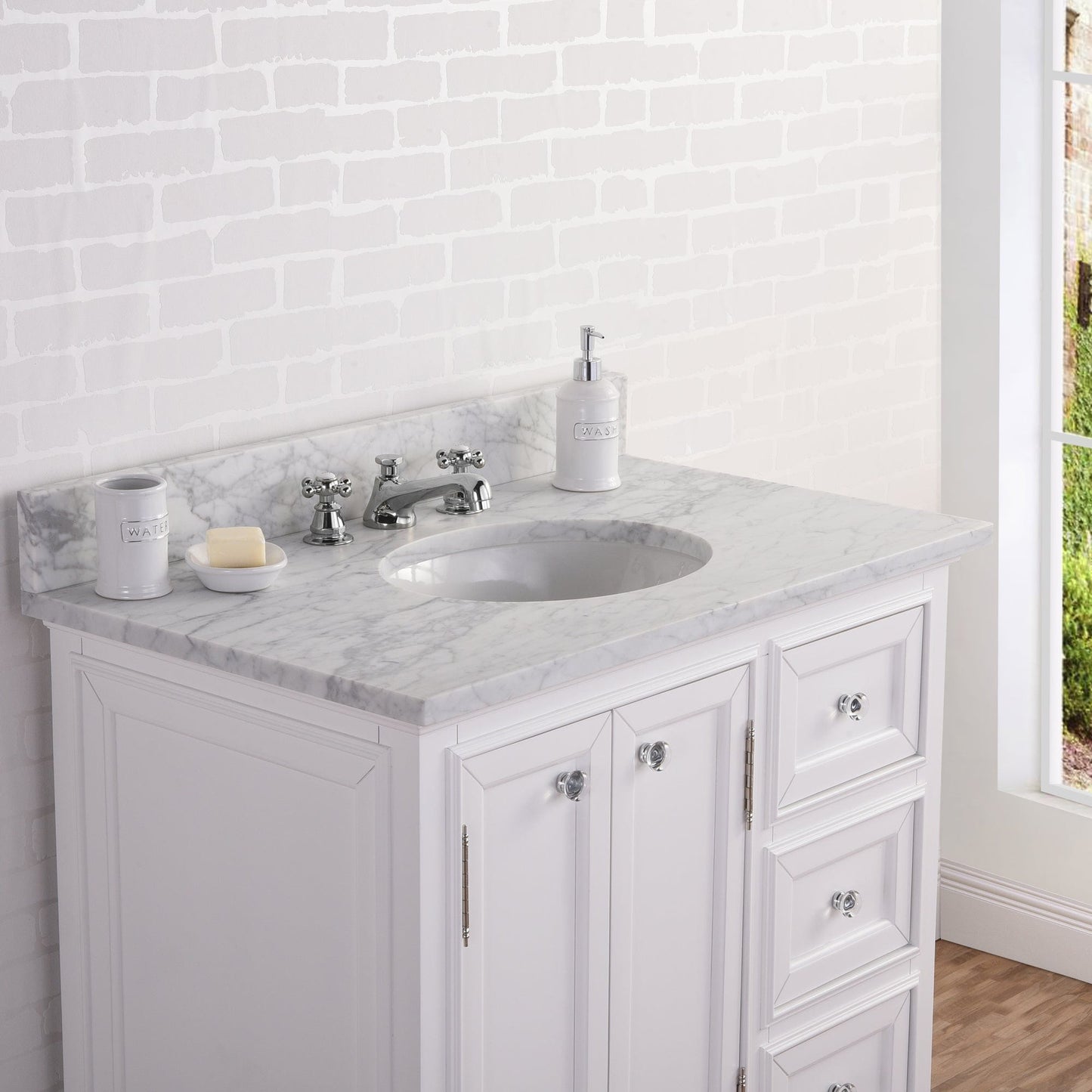 Water Creation DE36CW01PW-B24BX0901 DERBY 36"W x 34"H Pure White Single-Sink Vanity with Carrara White Marble Countertop + Faucet & Mirror