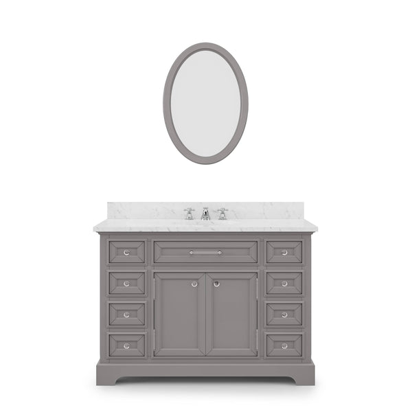 Water Creation DE48CW01CG-O24BX0901 DERBY 48W x 34H Cashmere Gray Single-Sink Vanity with Carrara White Marble Countertop + Faucet & Mirror