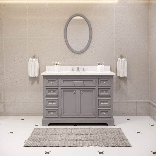 Water Creation DE48CW01CG-O24BX0901 DERBY 48"W x 34"H Cashmere Gray Single-Sink Vanity with Carrara White Marble Countertop + Faucet & Mirror