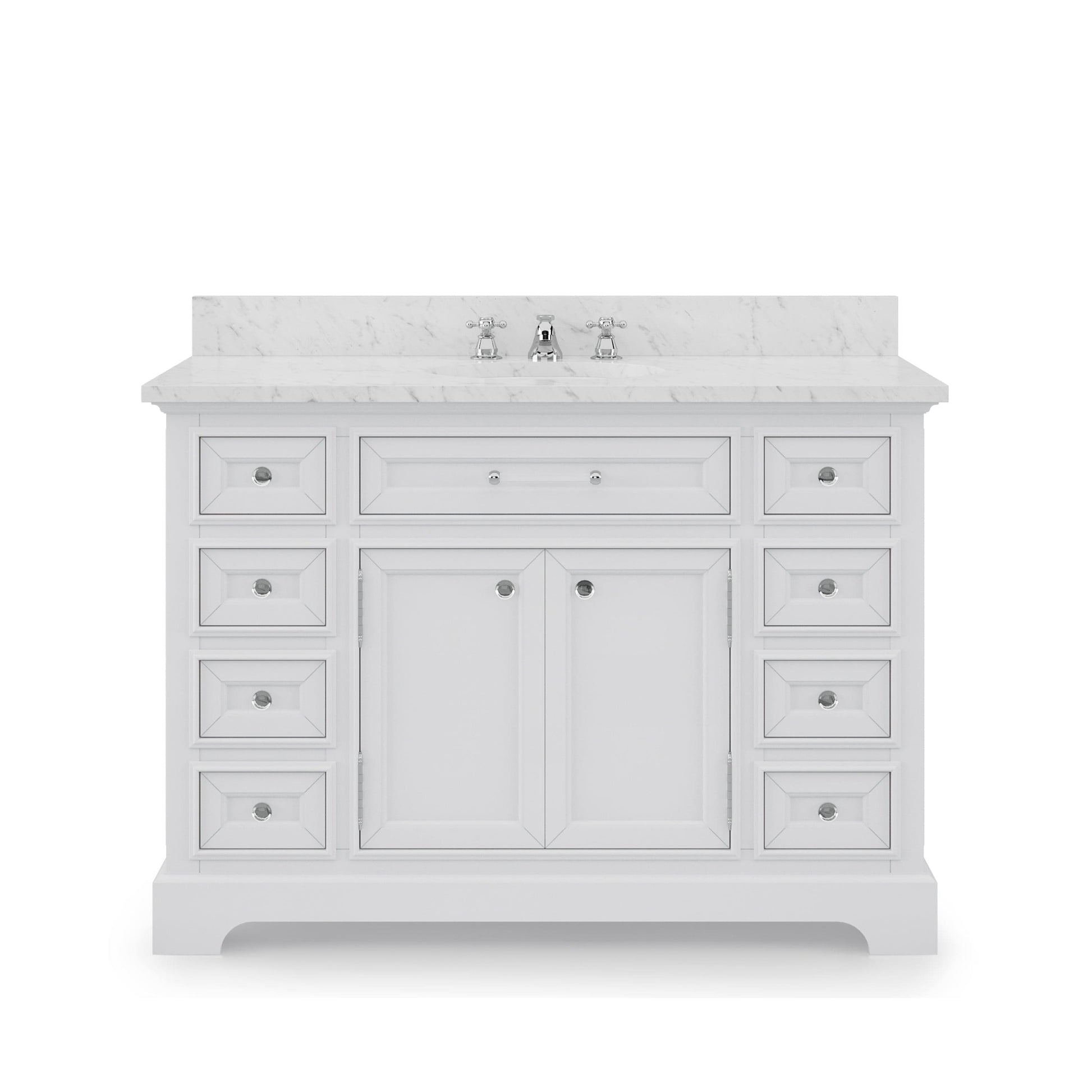 Water Creation DE48CW01PW-000BX0901 DERBY 48"W x 34"H Pure White Single-Sink Vanity with Carrara White Marble Countertop + Faucet