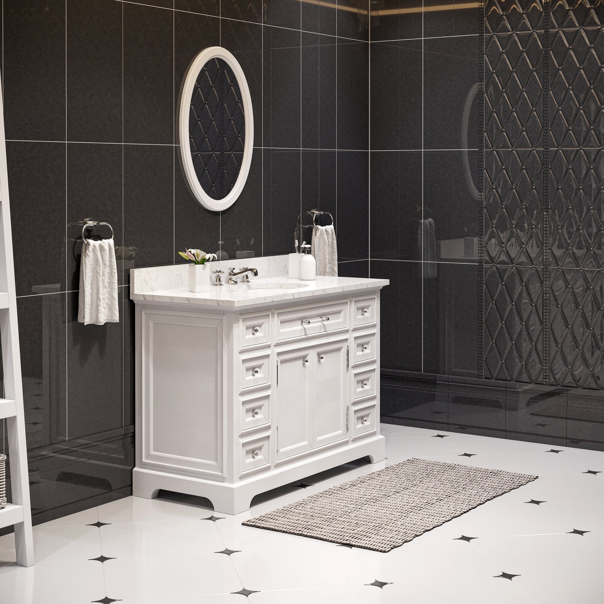 Water Creation DE48CW01PW-000BX0901 DERBY 48"W x 34"H Pure White Single-Sink Vanity with Carrara White Marble Countertop + Faucet