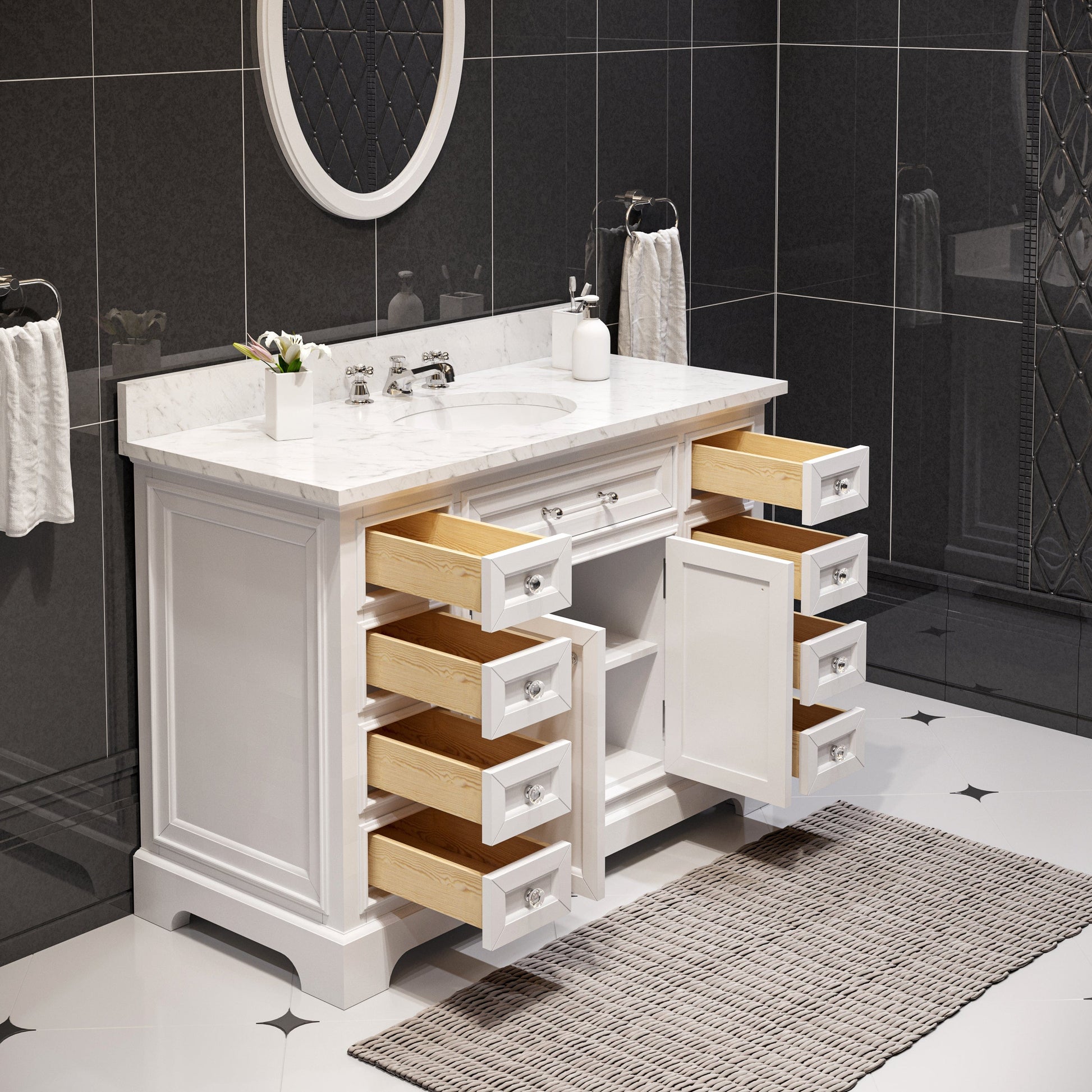 Water Creation DE48CW01PW-000BX0901 DERBY 48"W x 34"H Pure White Single-Sink Vanity with Carrara White Marble Countertop + Faucet