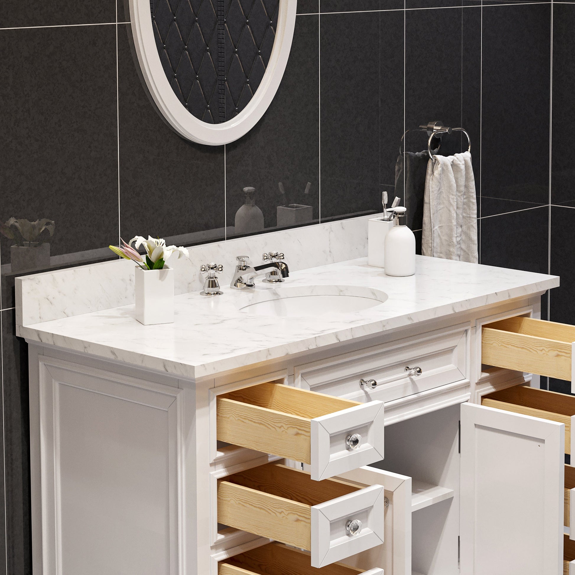 Water Creation DE48CW01PW-000BX0901 DERBY 48"W x 34"H Pure White Single-Sink Vanity with Carrara White Marble Countertop + Faucet