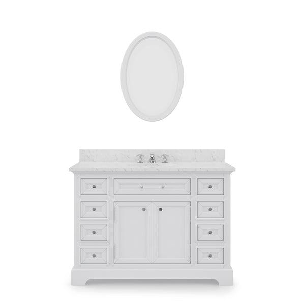 Water Creation DE48CW01PW-O24000000 DERBY 48W x 34H Pure White Single-Sink Vanity with Carrara White Marble Countertop + Mirror