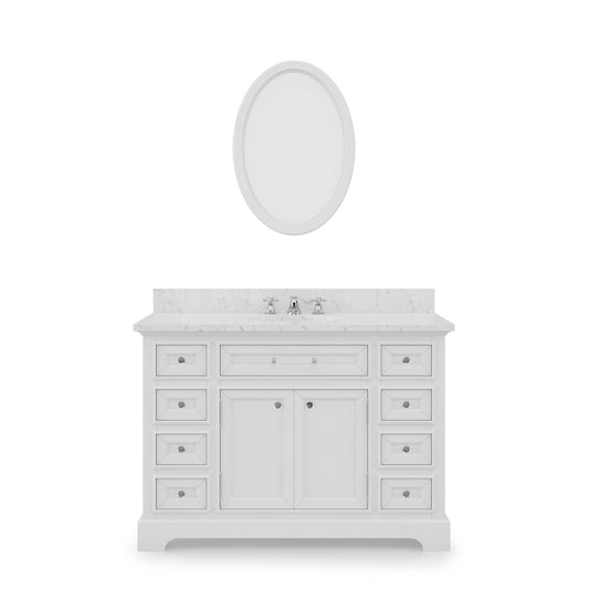 Water Creation DE48CW01PW-O24BX0901 DERBY 48"W x 34"H Pure White Single-Sink Vanity with Carrara White Marble Countertop + Faucet & Mirror