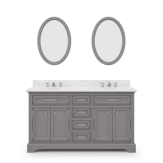 Water Creation DE60CW01CG-O21000000 DERBY 60"W x 34"H Cashmere Gray Double-Sink Vanity with Carrara White Marble Countertop + Mirrors