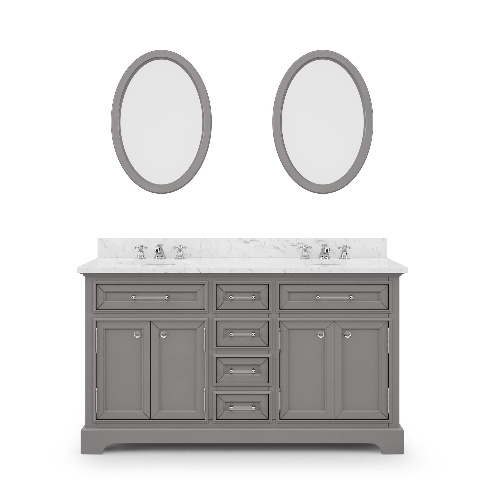 Water Creation DE60CW01CG-O21BX0901 DERBY 60"W x 34"H Cashmere Gray Double-Sink Vanity with Carrara White Marble Countertop + Faucets & Mirrors