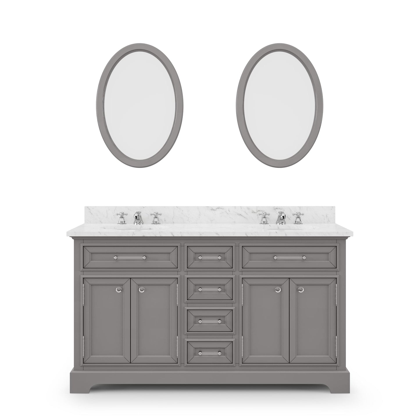 Water Creation DE60CW01CG-O21BX0901 DERBY 60"W x 34"H Cashmere Gray Double-Sink Vanity with Carrara White Marble Countertop + Faucets & Mirrors