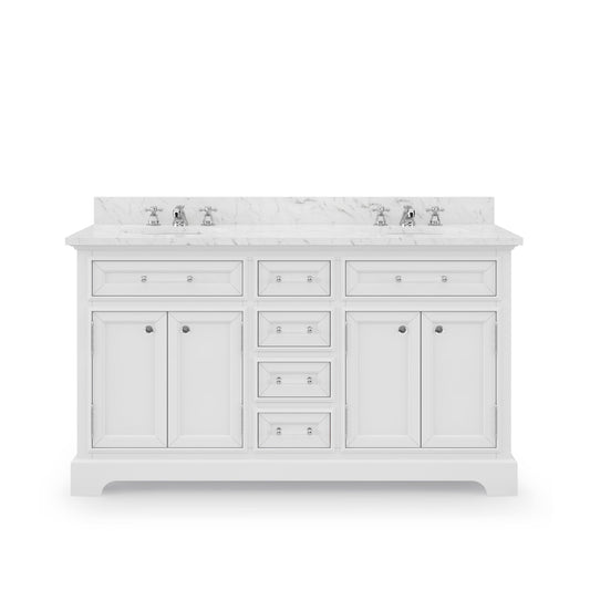 Water Creation DE60CW01PW-000000000 DERBY 60"W x 34"H Pure White Double-Sink Vanity with Carrara White Marble Countertop (Vanity Only)