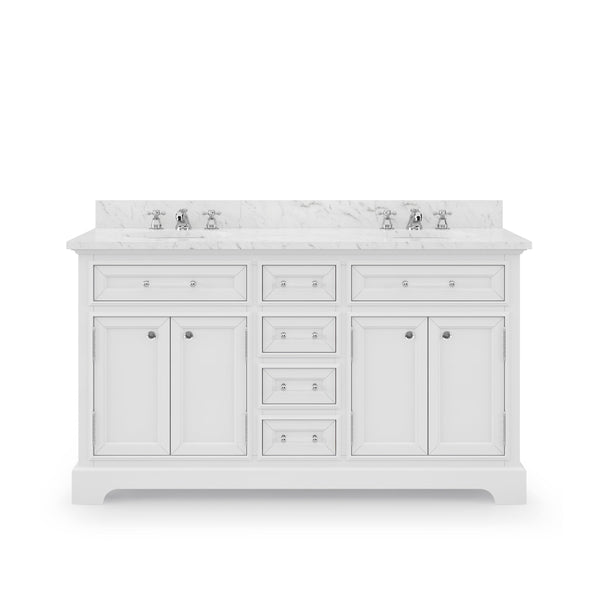 Water Creation DE60CW01PW-000000000 DERBY 60W x 34H Pure White Double-Sink Vanity with Carrara White Marble Countertop (Vanity Only)