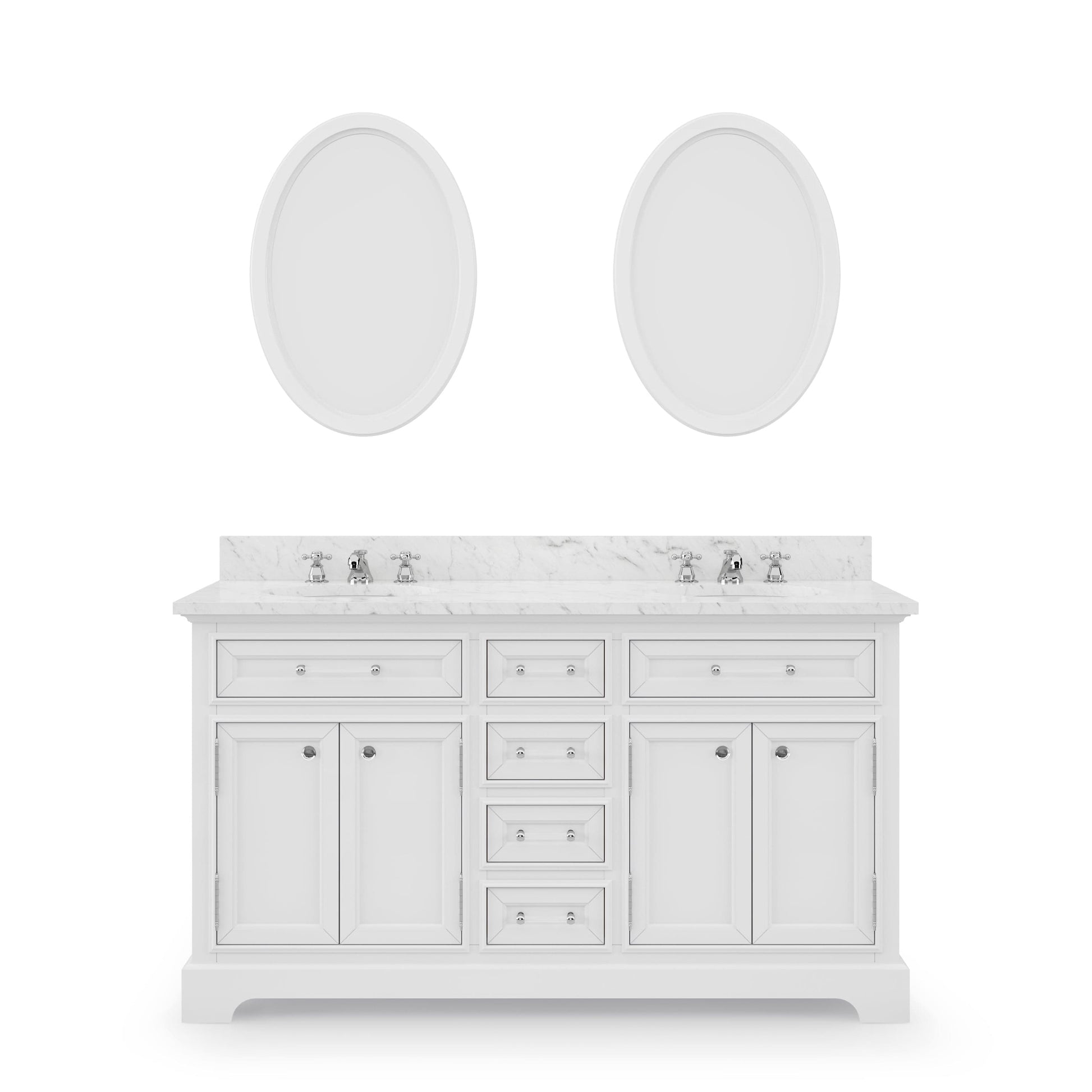 Water Creation DE60CW01PW-O21000000 DERBY 60"W x 34"H Pure White Double-Sink Vanity with Carrara White Marble Countertop + Mirrors