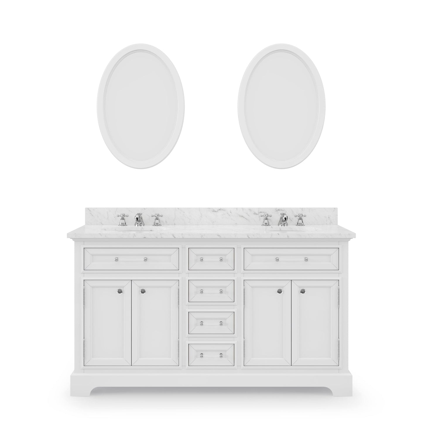 Water Creation DE60CW01PW-O21000000 DERBY 60"W x 34"H Pure White Double-Sink Vanity with Carrara White Marble Countertop + Mirrors