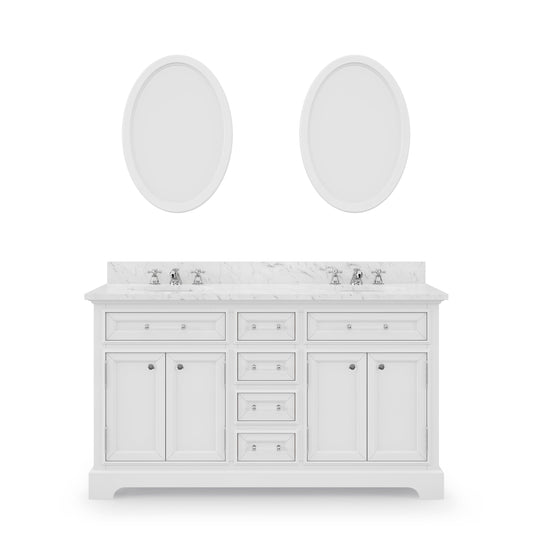 Water Creation DE60CW01PW-O21000000 DERBY 60"W x 34"H Pure White Double-Sink Vanity with Carrara White Marble Countertop + Mirrors